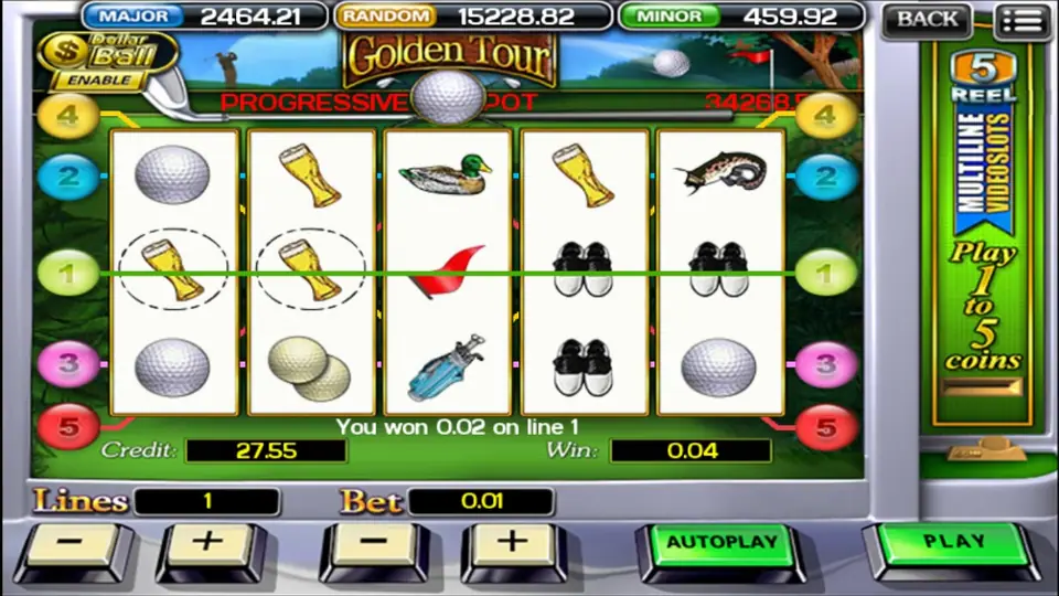 Golden Tour win with two beer glasses circled on line 1, the message You won 0.02 on line 1 and a PROGRESSIVE JACKPOT banner above the reels