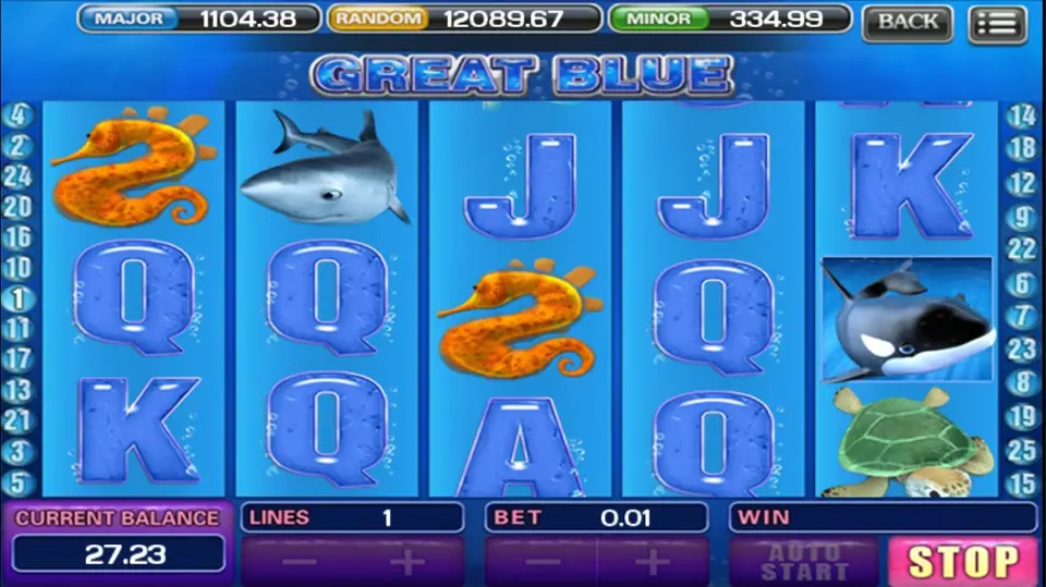 Great Blue with seahorses on reels one and three, a shark on reel two and an orca and turtle on reel five, one line at 0.01