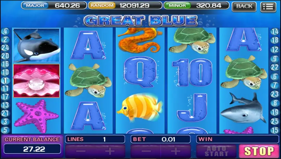 Great Blue with an orca, a pearl shell scatter and a starfish on reel one, sea turtles on reels two, four and five, and a seahorse and striped fish on reel three