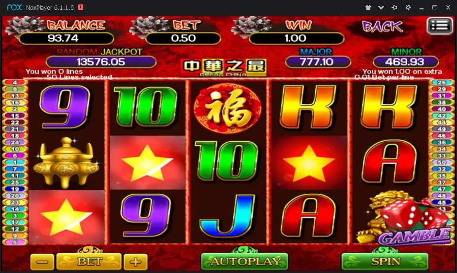 Great China with three red star tiles on reels one, two and four and the message You won 1.00 on extra