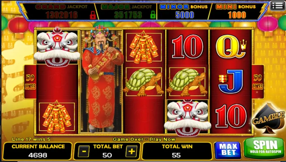 Happy Lantern win with the robed official filling reel two, two turtles and two lion dance heads, Line 17 wins 5 and a total win of 55