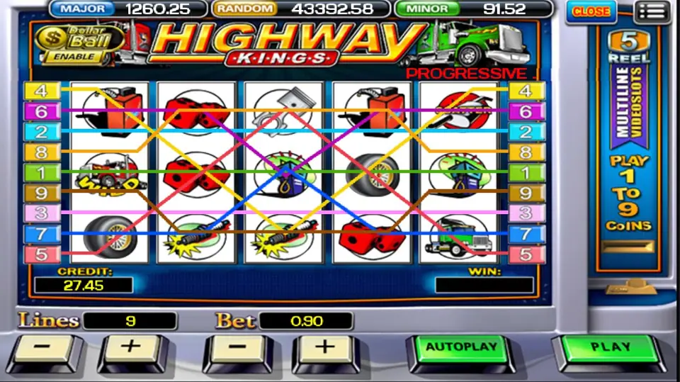 Highway Kings on ACE333 with all 9 paylines drawn over trucks, dice, pistons, a fuel pump and a red WILD truck on reel one, Lines 9 and Bet 0.90