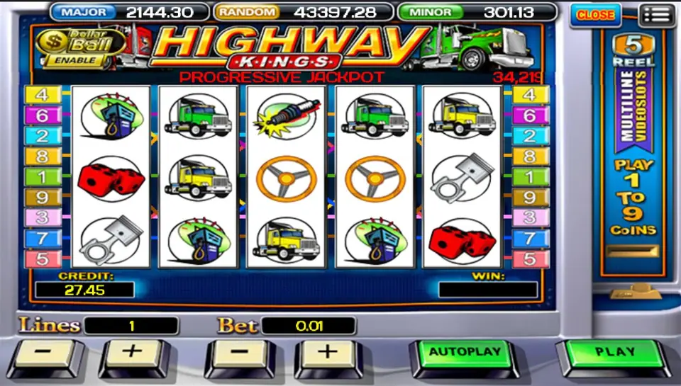 Highway Kings with green and yellow trucks, steering wheels, dice, pistons and a spark plug under the PROGRESSIVE JACKPOT banner, Lines 1 and Bet 0.01