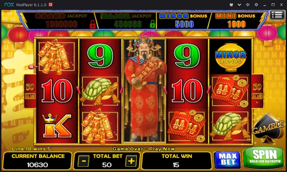 Lightning with the robed official across reel three, a MINOR BONUS lantern on reel five, turtles and red 囍 envelopes, Line 18 wins 5