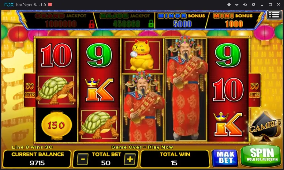 Lightning with the official stacked on reels three and four, a gold lantern worth 150 on reel one and a lucky cat, total win 15