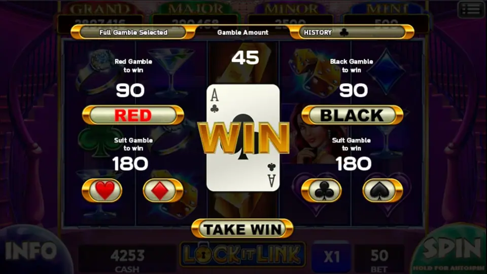 Lock It Link gamble screen: red or black to win 90, suit to win 180, TAKE WIN
