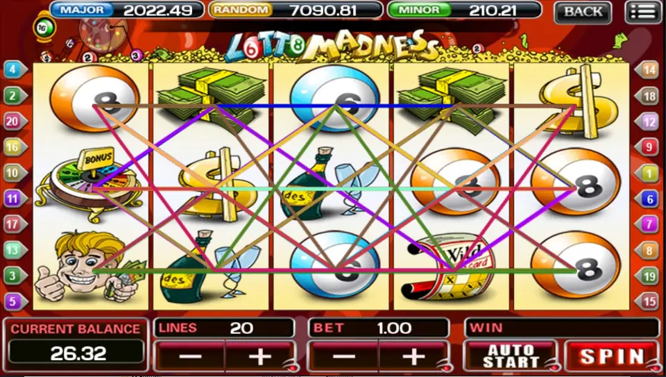 Lotto Madness on ACE333 with 20 paylines over lottery balls, cash stacks, a gold dollar sign, champagne, a bonus wheel and a Wild ticket, Lines 20 and Bet 1.00