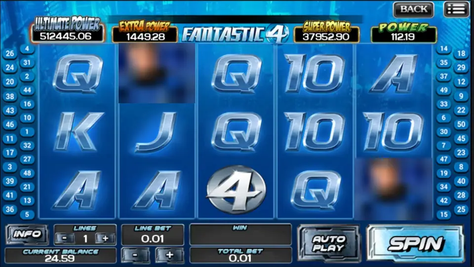 Fantastic 4 on ACE333 with blue steel card ranks and a silver 4 logo on reel three, two character tiles blurred, one line at 0.01