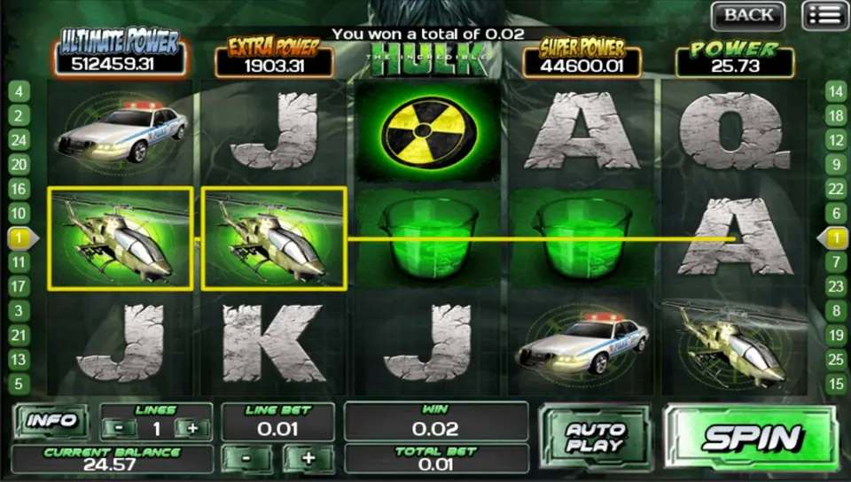 The Incredible Hulk win on line 1 with two helicopters framed on reels one and two, a radiation sign, two gamma beakers and the message You won a total of 0.02