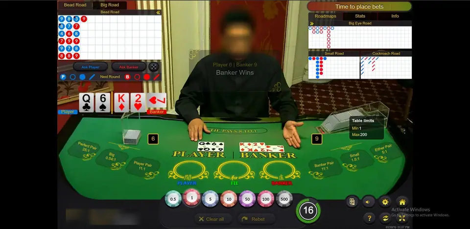 Ezugi baccarat result: Player queen and 6 for 6, Banker king, 2 and 7 for 9, Banker Wins