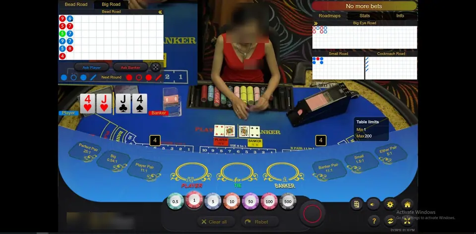 Queenco round after No more bets: Player 4 and jack against Banker jack and 4, both on 4