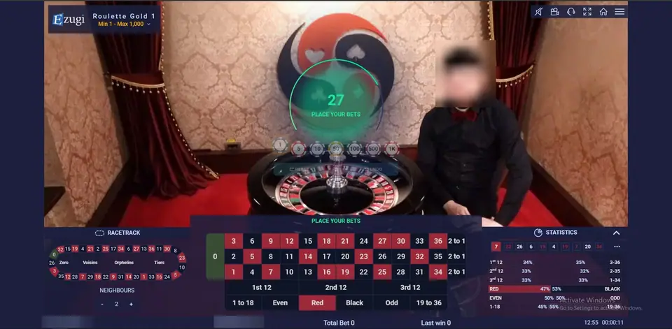 Ezugi Roulette Gold 1 with Place your bets and 27 seconds on the timer, the racetrack on the left, the number board in the middle and statistics on the right