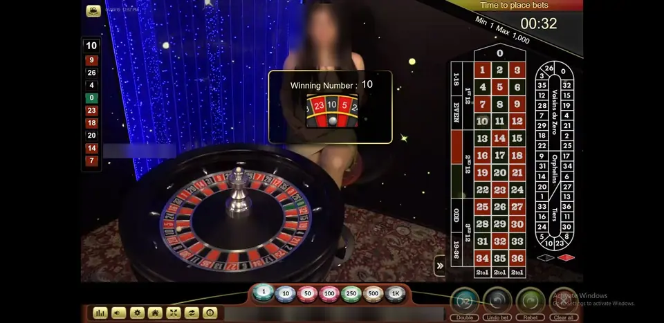 Older Ezugi roulette screen with a vertical board, a racetrack and a Winning Number 10 window showing the ball in its pocket