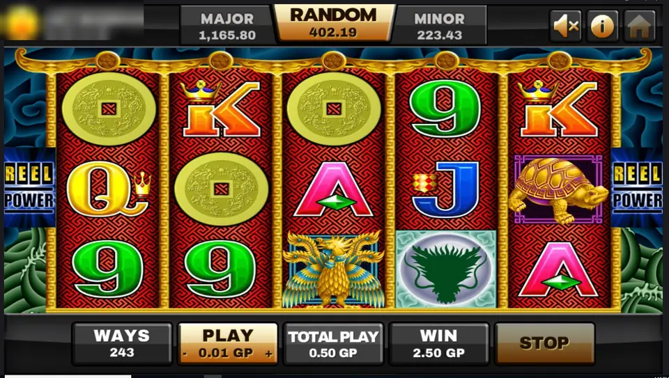Three gold coin scatters on reels 1, 2 and 3 of 5 Dragons, paying 2.50 GP