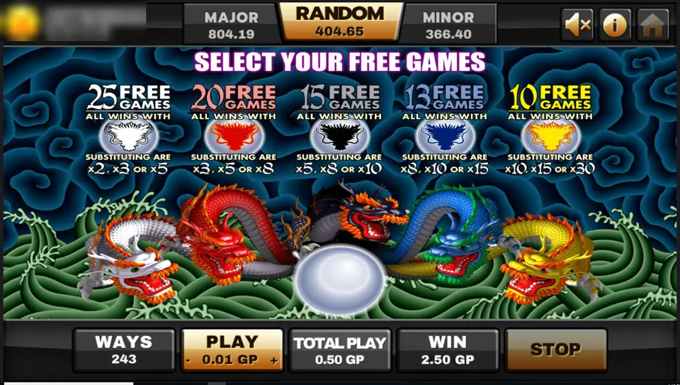 Select Your Free Games screen of 5 Dragons with white, red, black, blue and gold dragons and their spin counts