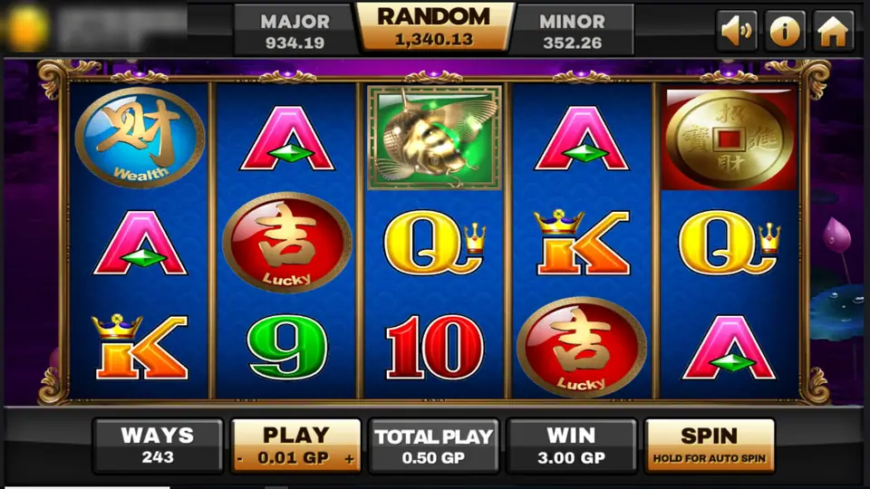 5 Koi Legends spin with a gold koi wild on reel 3 and a coin scatter on reel 5, win 3.00 GP