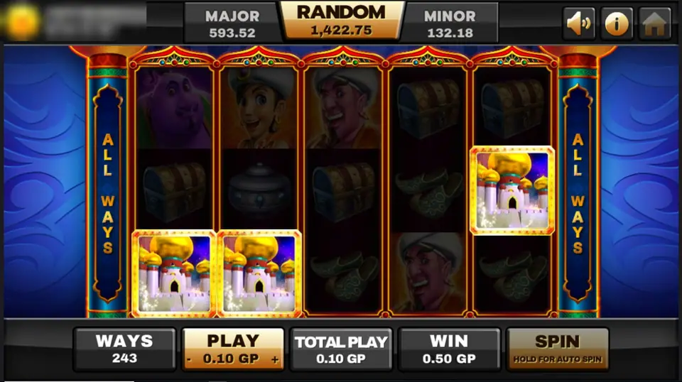 Three palace scatters on reels 1, 2 and 5 of Aladdin, win 0.50 GP