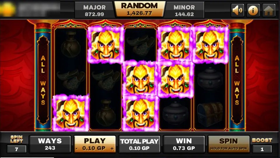 Aladdin free game on a red background with seven golden Ancient Genies, 7 spins left, win 0.73 GP