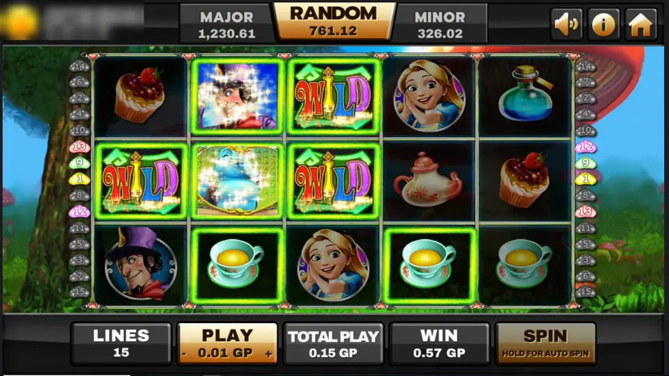 Alice spin with three WILD signs, two sparkling symbols and teacups lit in green, win 0.57 GP on 15 lines