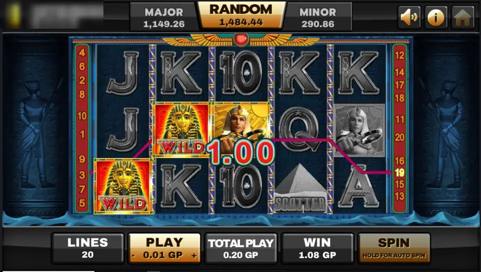Ancient Egypt line win on Joker123 with two pharaoh mask wilds and a pharaoh portrait paying 1.00 on line 3