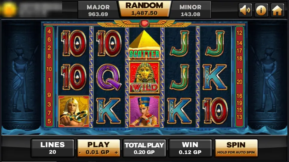 Ancient Egypt reels with a pyramid scatter above a mask wild on reel 3, win 0.12 GP