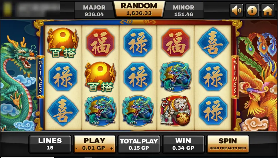 Archer spin on Joker123 with two yin-yang wilds on reels 1 and 2, 15 lines at 0.01 GP, win 0.34 GP