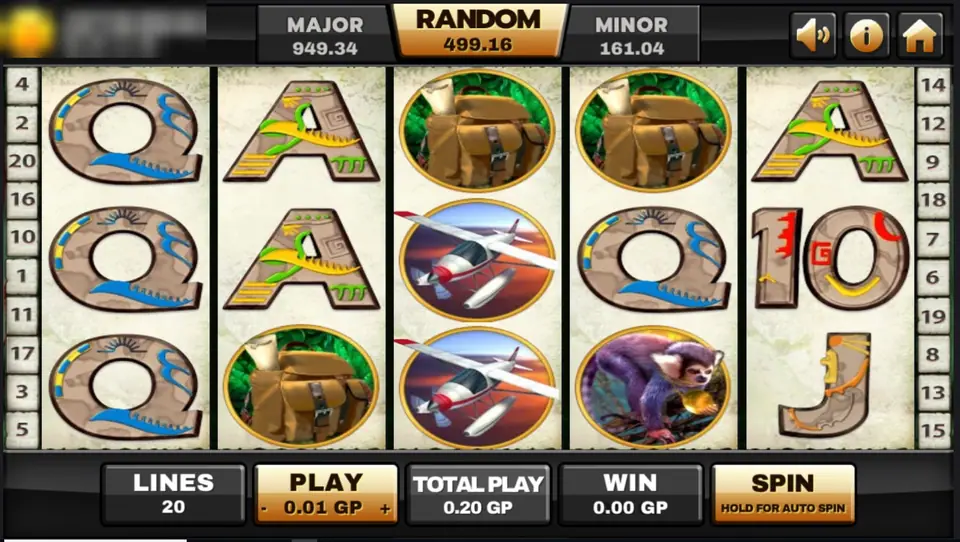 Azteca reels on Joker123 with carved stone card symbols, a squirrel monkey, a red seaplane and a canvas backpack, 20 lines