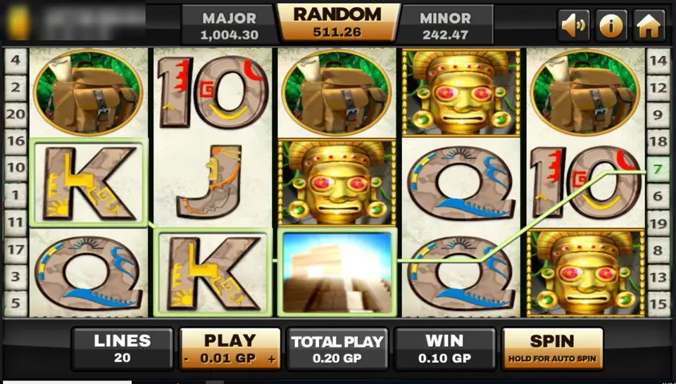 Azteca reels with golden idol masks on reels 3, 4 and 5 and a pyramid wild on reel 3, a green line win of 0.10 GP