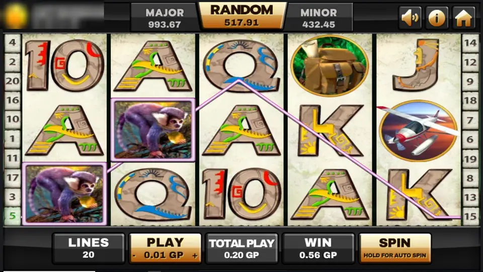 Azteca line win on Joker123 with two squirrel monkeys from reel 1 along a purple line, win 0.56 GP