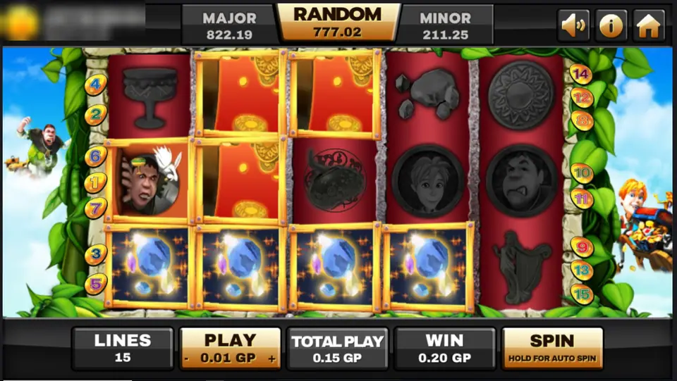 Beanstalk spin with four gem symbols lit along the bottom row and gold frames around the winning tiles, win 0.20 GP