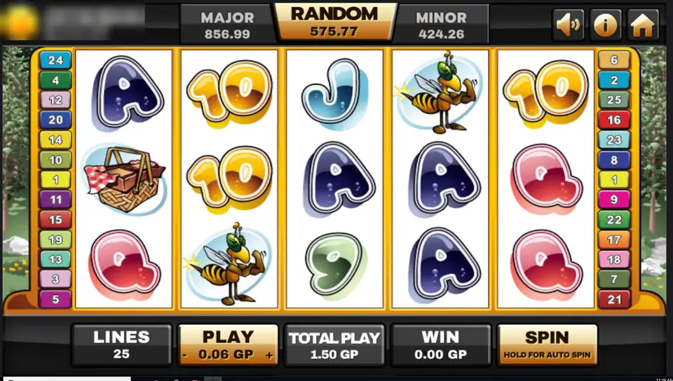 Bonus Bears reels on Joker123 with bees, a picnic basket and bubbly card letters in a pine forest, 25 numbered lines on both sides