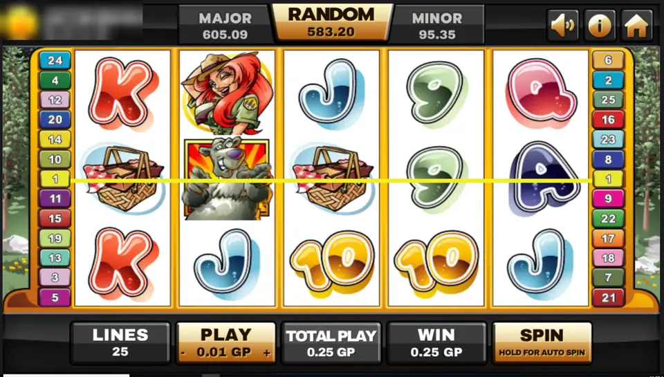 Bonus Bears line 1 win with two picnic baskets and a bear wild on reel 2, win 0.25 GP