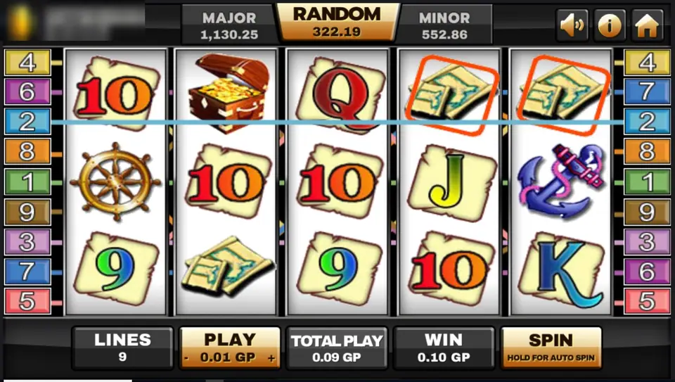 Captain's Treasure spin with two sea charts framed on reels 4 and 5 along line 2, win 0.10 GP