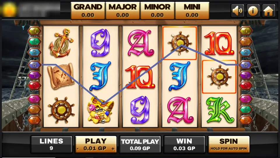 Captain's Treasure Progressive with a blue line from a treasure map through a gem chest to two ship's wheels on reels 4 and 5, win 0.03 GP