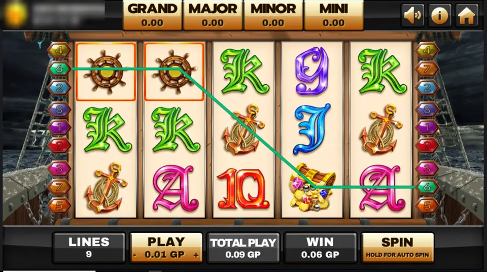 Captain's Treasure Progressive with two ship's wheels framed on reels 1 and 2 along a green line, win 0.06 GP