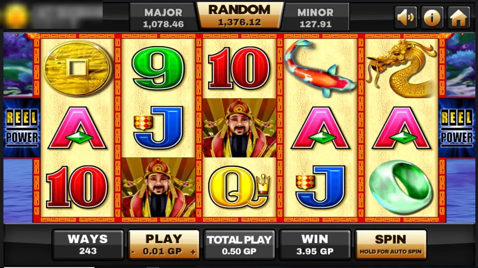 Choy Sun Doa with the god of wealth wild on reels 2 and 3 and a koi and gold dragon on the right, win 3.95 GP
