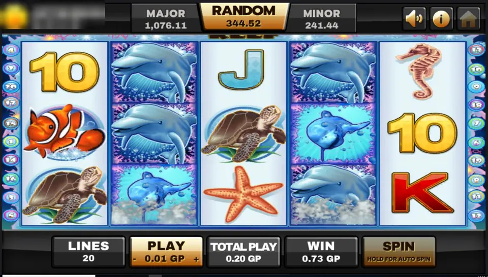 Dolphin Reef spin with dolphin wilds stacked on reels 2 and 4 and a clownfish on reel 1, win 0.73 GP