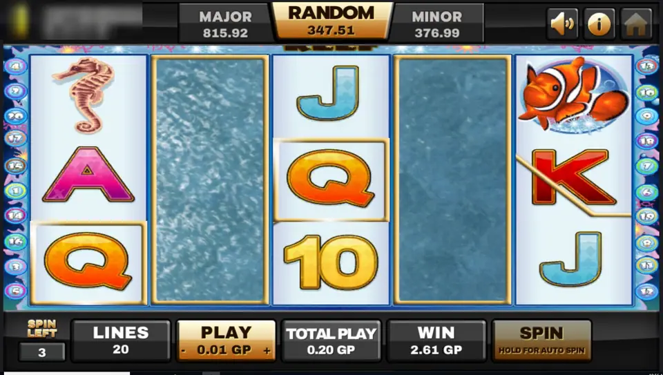 Dolphin Reef free game with reels 2 and 4 covered as expanded wilds, 3 spins left, win 2.61 GP