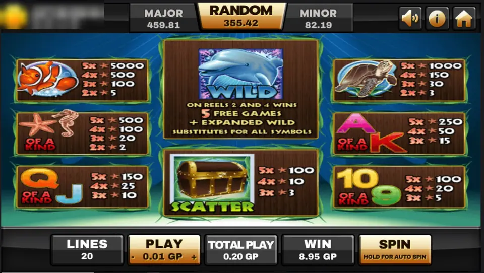 Dolphin Reef pay table on Joker123: clownfish 5000, turtle 1000, the dolphin wild with 5 free games and expanded wilds, chest scatter