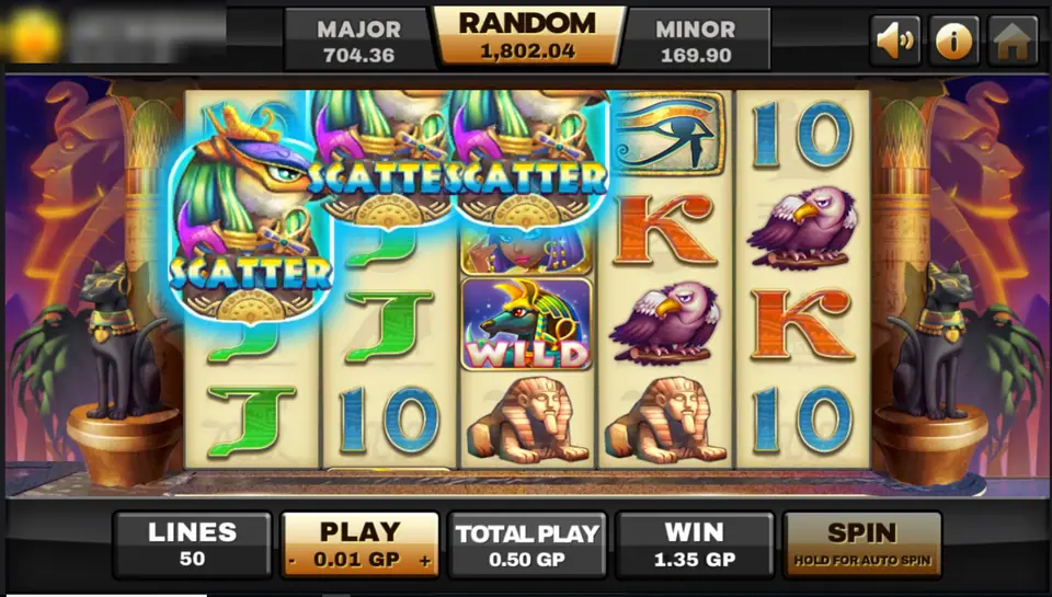Egypt Queen with three falcon scatters lit on reels 1 to 3 and a jackal wild on reel 3, win 1.35 GP