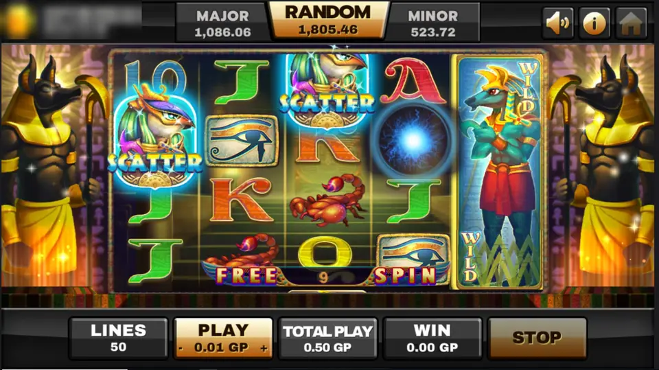 Egypt Queen free spin with a full-reel jackal wild on reel 5, two falcon scatters and a FREE 9 SPIN counter