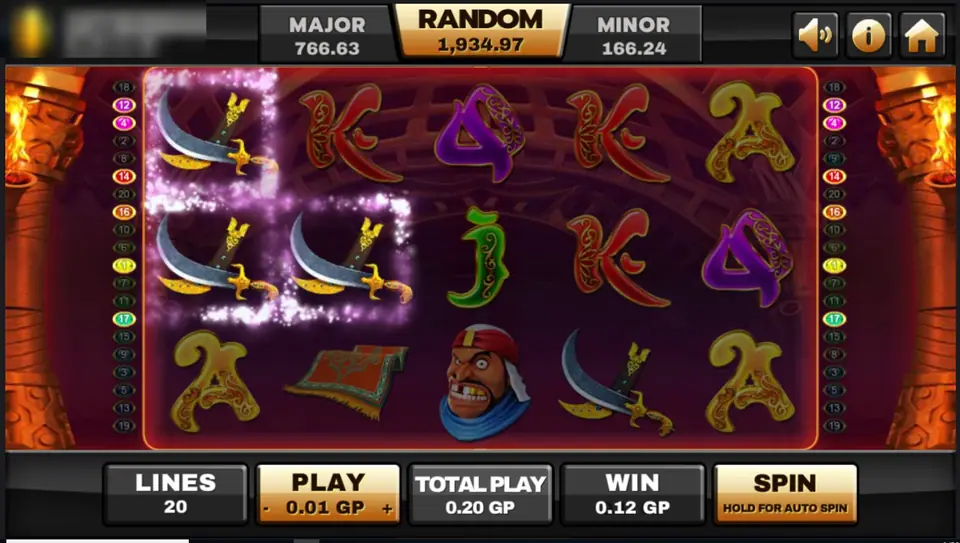 Genie win on Joker123 with three scimitars sparkling on reels 1 and 2, win 0.12 GP