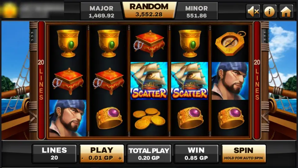 Golden Island spin with two galleon scatters on reels 3 and 4 and a pirate on reels 1 and 5, win 0.85 GP