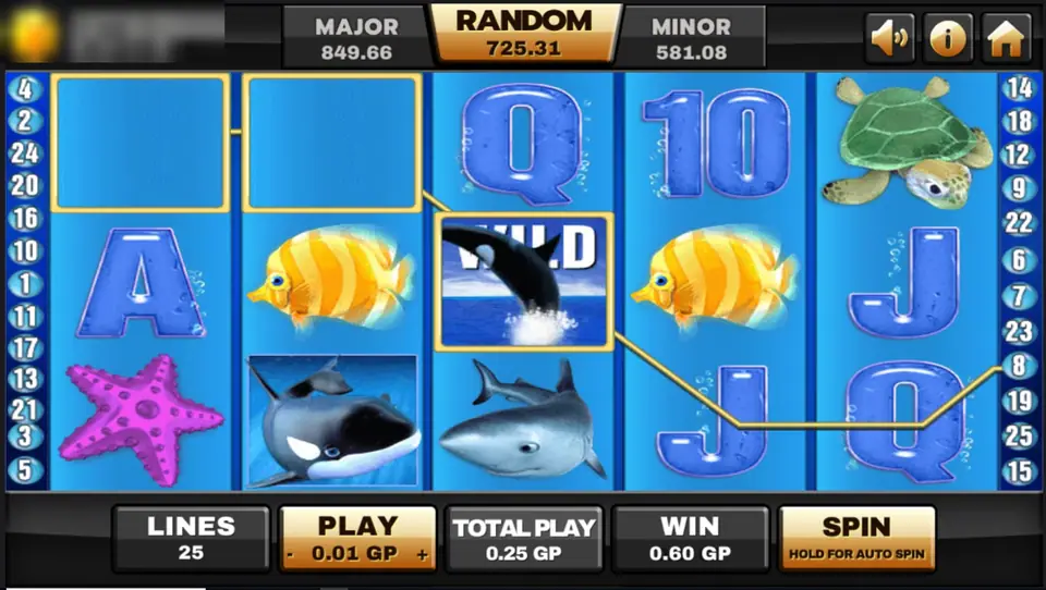 Great Blue win on Joker123 with an orca WILD on reel 3 joining a line from reels 1 and 2, win 0.60 GP