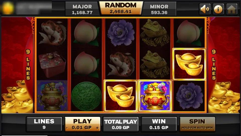 Happy Buddha right-to-left win with gold ingots on reels 5 and 3 and a treasure pot wild on reel 4, win 0.15 GP
