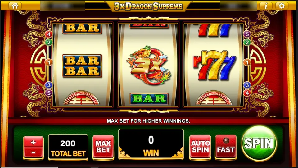 3x Dragon Supreme reels with double bars, a 3x dragon symbol and a row of sevens inside a red and gold frame, total bet 200