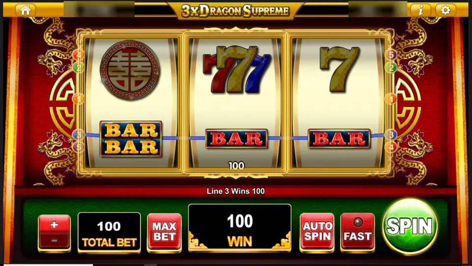 A double bar and two single bars on line 3 paying 100 at a total bet of 100