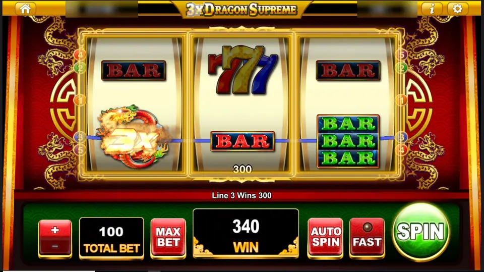 A 3x dragon on reel 1 with a red bar and a green triple bar, line 3 paying 300