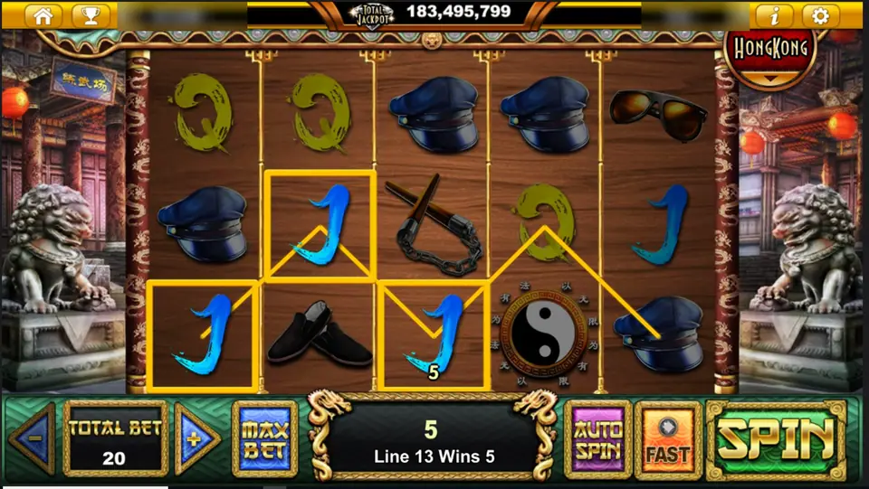 Three blue Js boxed on line 13 paying 5, with a yin-yang disc and nunchaku nearby