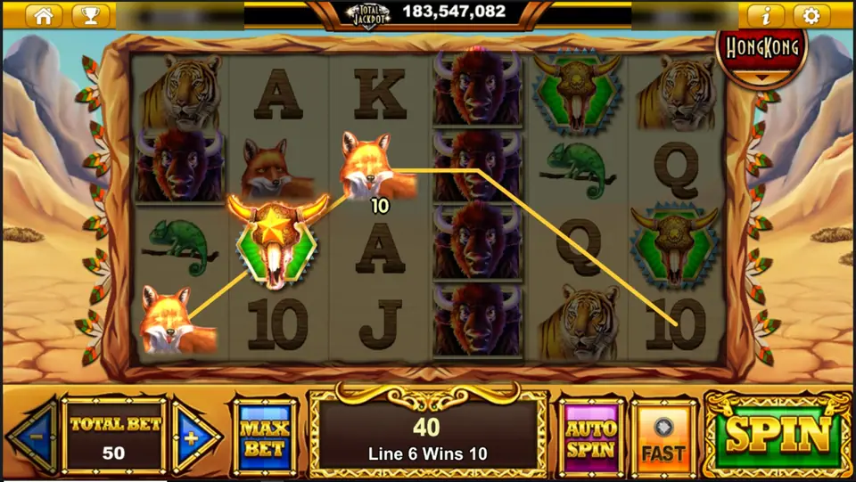 A three-fox win on line 6 with a bull skull wild in the middle, total win 40